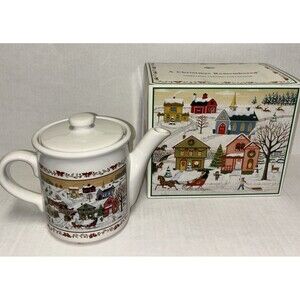 Russ Berrie & Co Ceramic Coffee Pot w/Lid "A Christmas Remembered" Vintage RARE